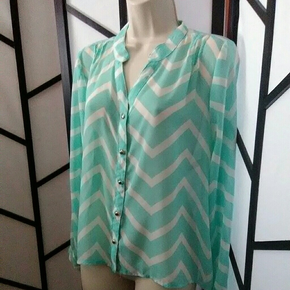 Exhilaration Turquoise White Sheer Button Blouse